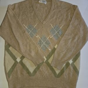 Pringle Intarsia Womens V-Neck Sweater in Tan and Green Argyle Size 14